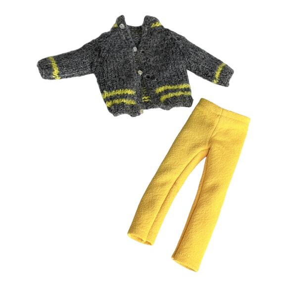 Gray Sweater Yellow Pants For Ken Barbie Doll Mod 70s Button Up Gray Woolen Vtg - Picture 1 of 3